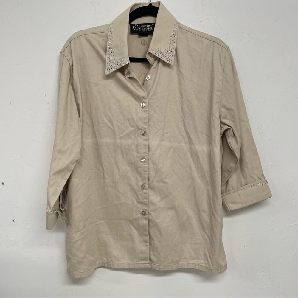 Christine Alexander Tan 3/4 Sleeve Button Up Blouse Bedazzled Womens M Bling